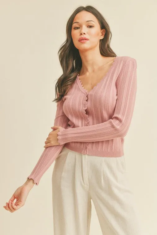 Scallop Trim Button Front Cardigan (Rose)