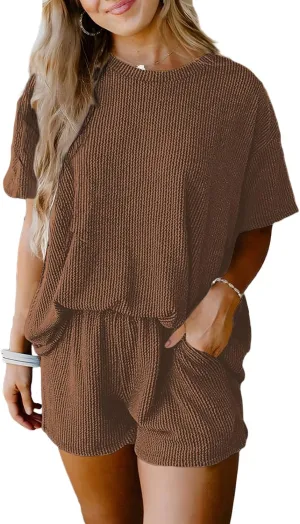 SHEWIN Two 2 Piece Sets for Women Short Sleeve Shirts High Waisted Shorts with Pockets Pajamas Lounge Matching Set