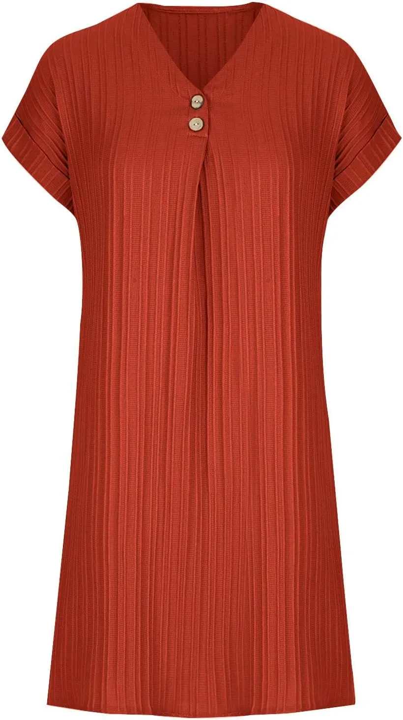 Sinzelimin Shirts Dresses for Women Summer Fashion Button up V-Neck Short Sleeve Loose Comfy Midi Dress Beach Casual Sundress
