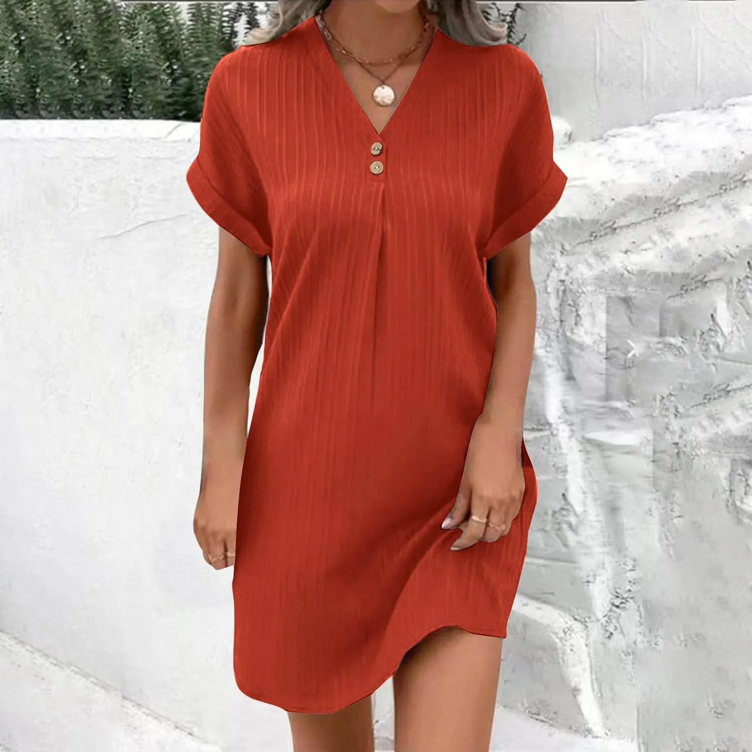 Sinzelimin Shirts Dresses for Women Summer Fashion Button up V-Neck Short Sleeve Loose Comfy Midi Dress Beach Casual Sundress
