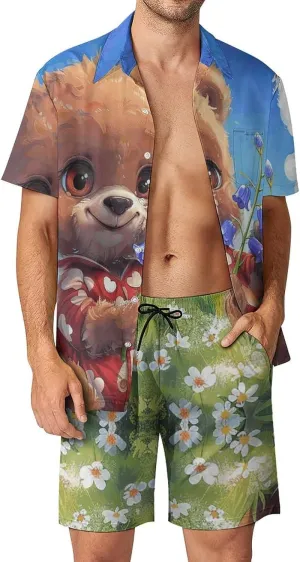 Sit on The Grass Mens Swimsuit 2 Pieces Set Quick Dry Shorts Shirts Summer Button Down Short Sleeve Set