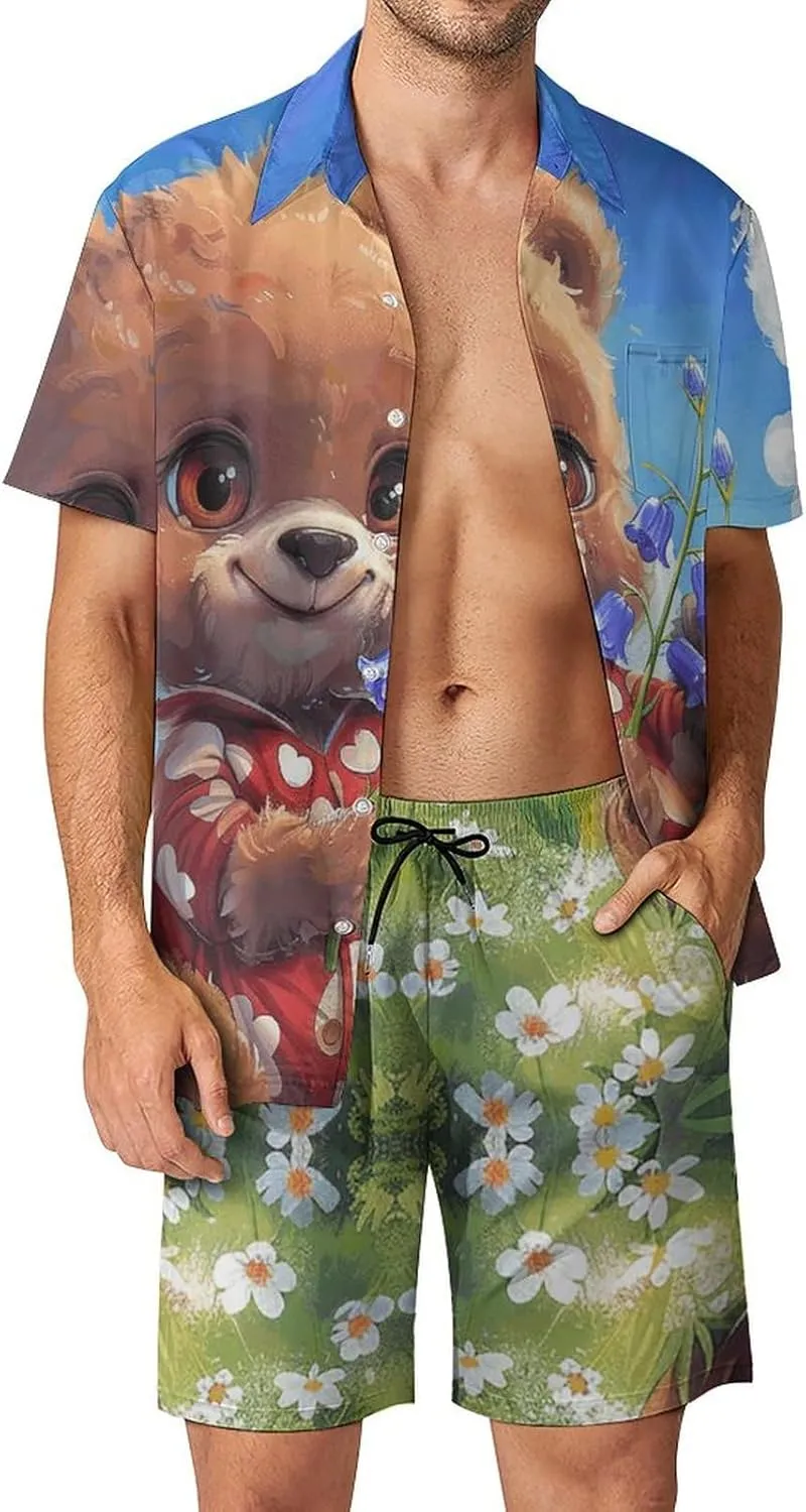 Sit on The Grass Mens Swimsuit 2 Pieces Set Quick Dry Shorts Shirts Summer Button Down Short Sleeve Set