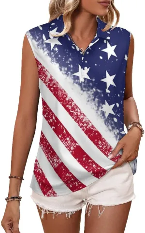 Sleeveless Shirts for Women American Flag V Neck Shirt Casual PO-LO Tank Top Pullover Quick Dry with Designs