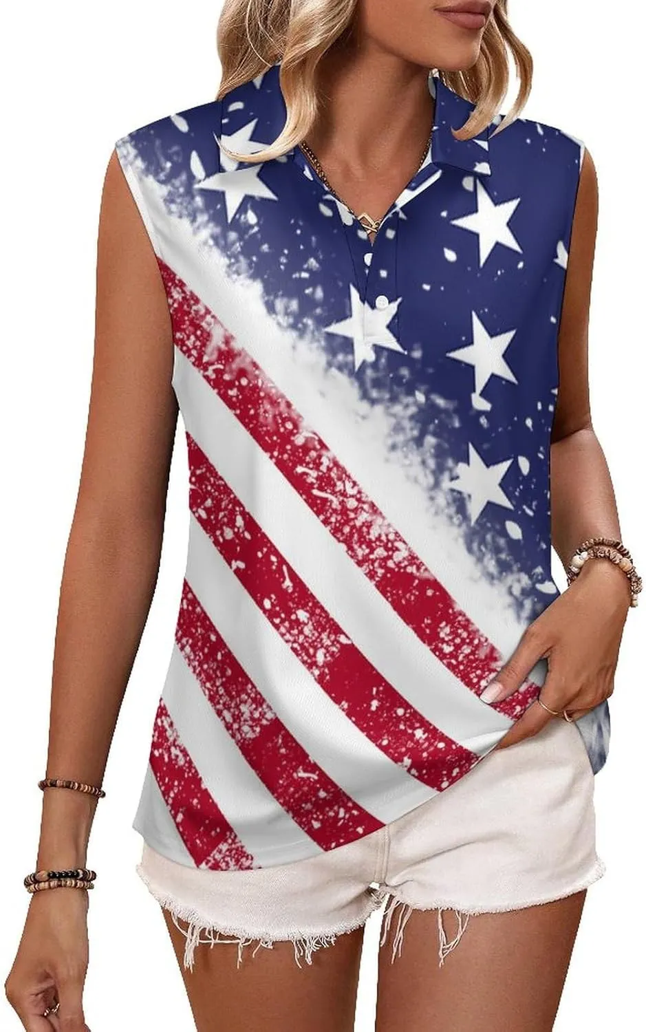 Sleeveless Shirts for Women American Flag V Neck Shirt Casual PO-LO Tank Top Pullover Quick Dry with Designs