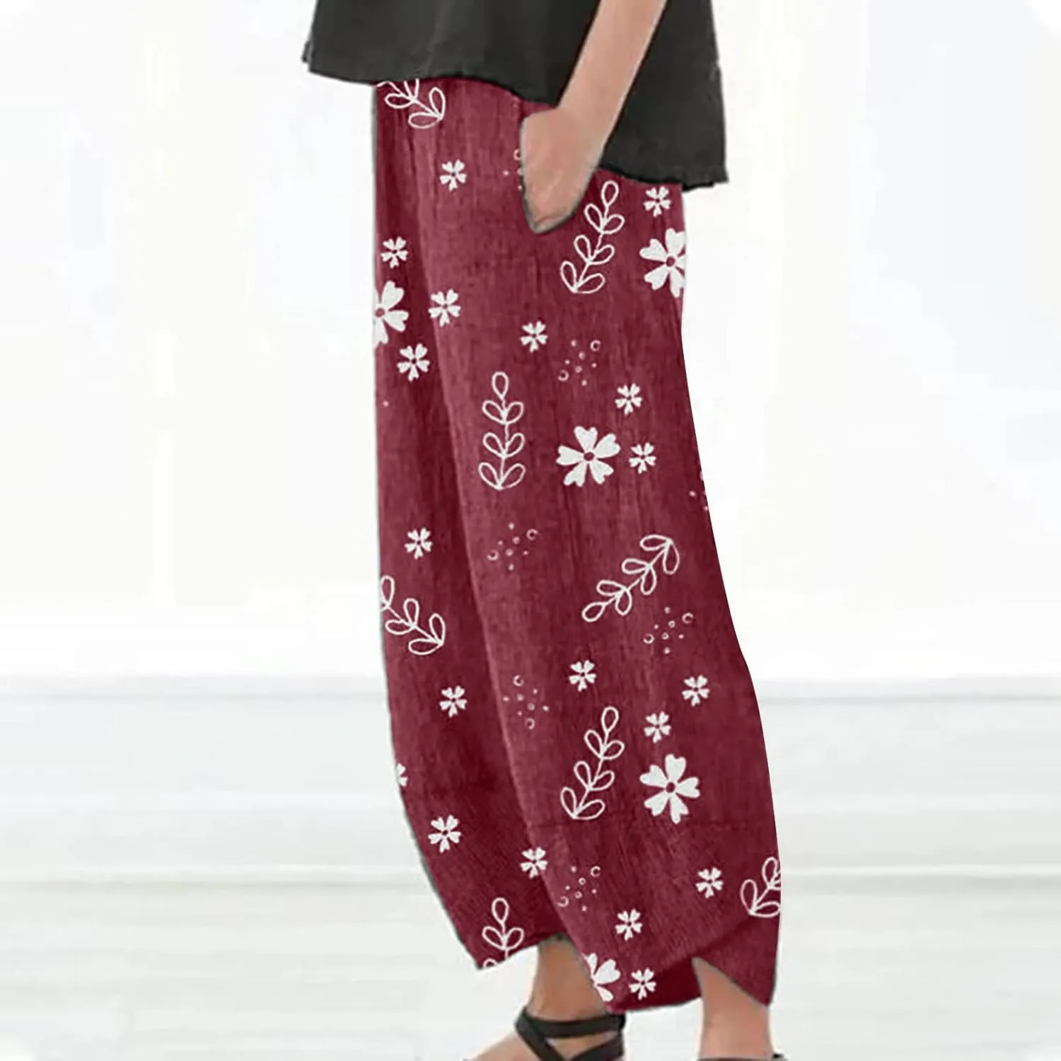 SMIDOW Capri Pants for Women Cotton Linen Wide Leg Capris Casual Summer Cropped Pants Beach Elastic Waist Baggy Crop Trousers