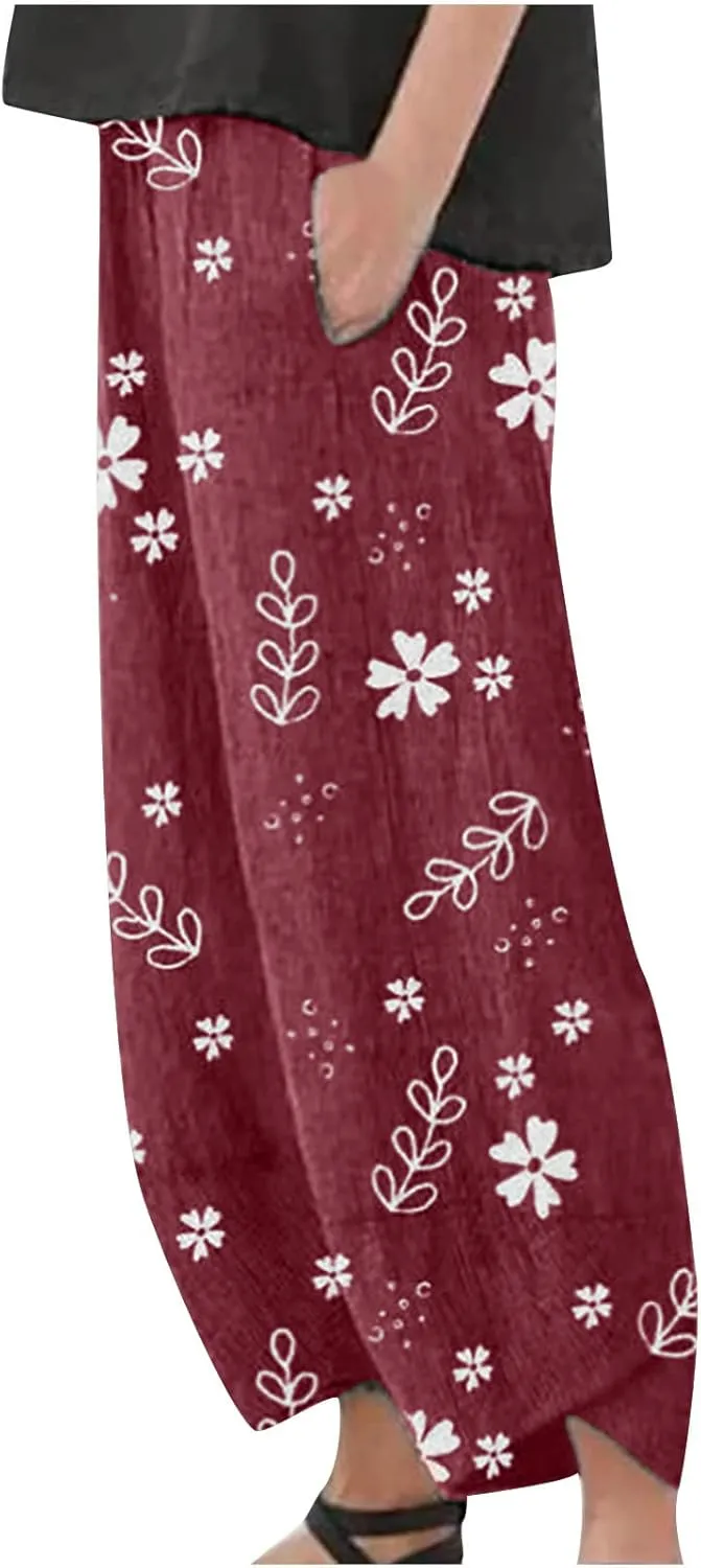 SMIDOW Capri Pants for Women Cotton Linen Wide Leg Capris Casual Summer Cropped Pants Beach Elastic Waist Baggy Crop Trousers