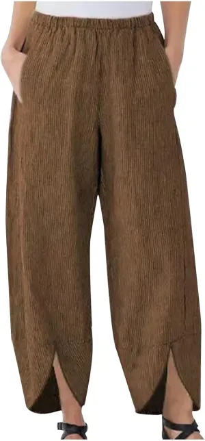 SMIDOW Womens Elastic High Waist Cotton Pants with Pockets Dressy Casual Loose Cropped Pant Comfy Lounge Trousers