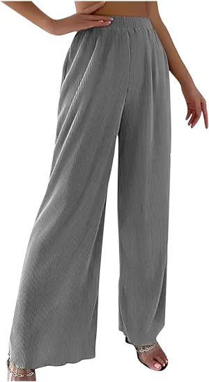 SMIDOW Womens Fashion Wide Leg Pants Casual Loose Elastic High Waist Palazzo Lounge Pants Solid Bootcut Trousers