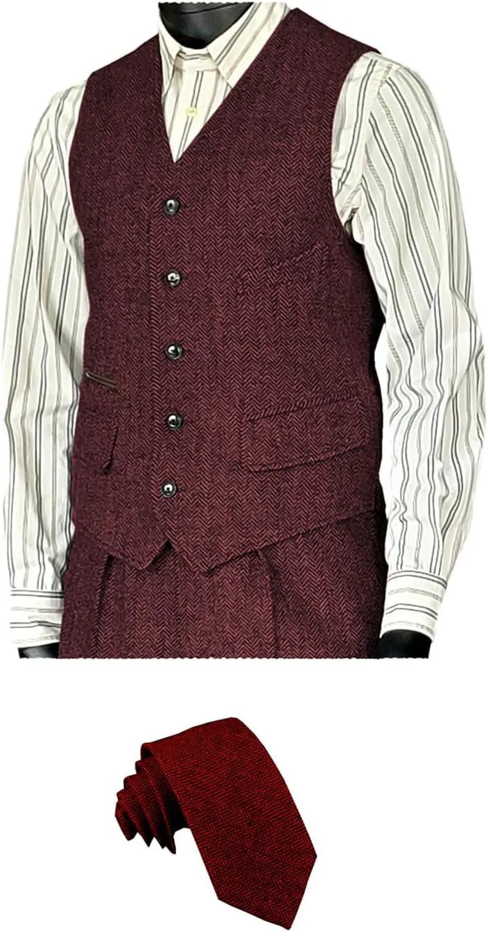 SOLOVEDRESS Men's Vintage Suit Vest Wool Sleeveless Waistcoat Tweed For Wedding Groomsmen