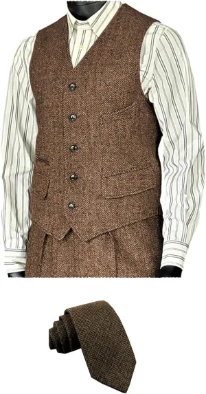 SOLOVEDRESS Men's Vintage Suit Vest Wool Sleeveless Waistcoat Tweed For Wedding Groomsmen