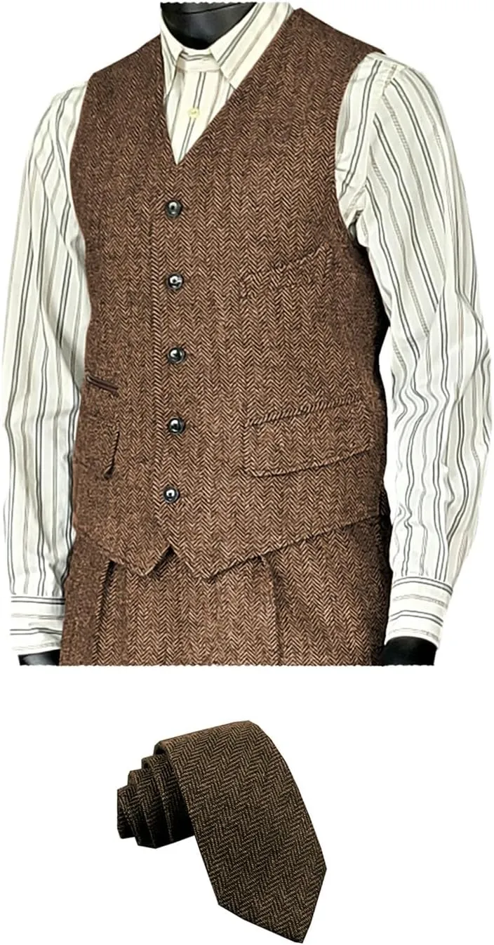 SOLOVEDRESS Men's Vintage Suit Vest Wool Sleeveless Waistcoat Tweed For Wedding Groomsmen