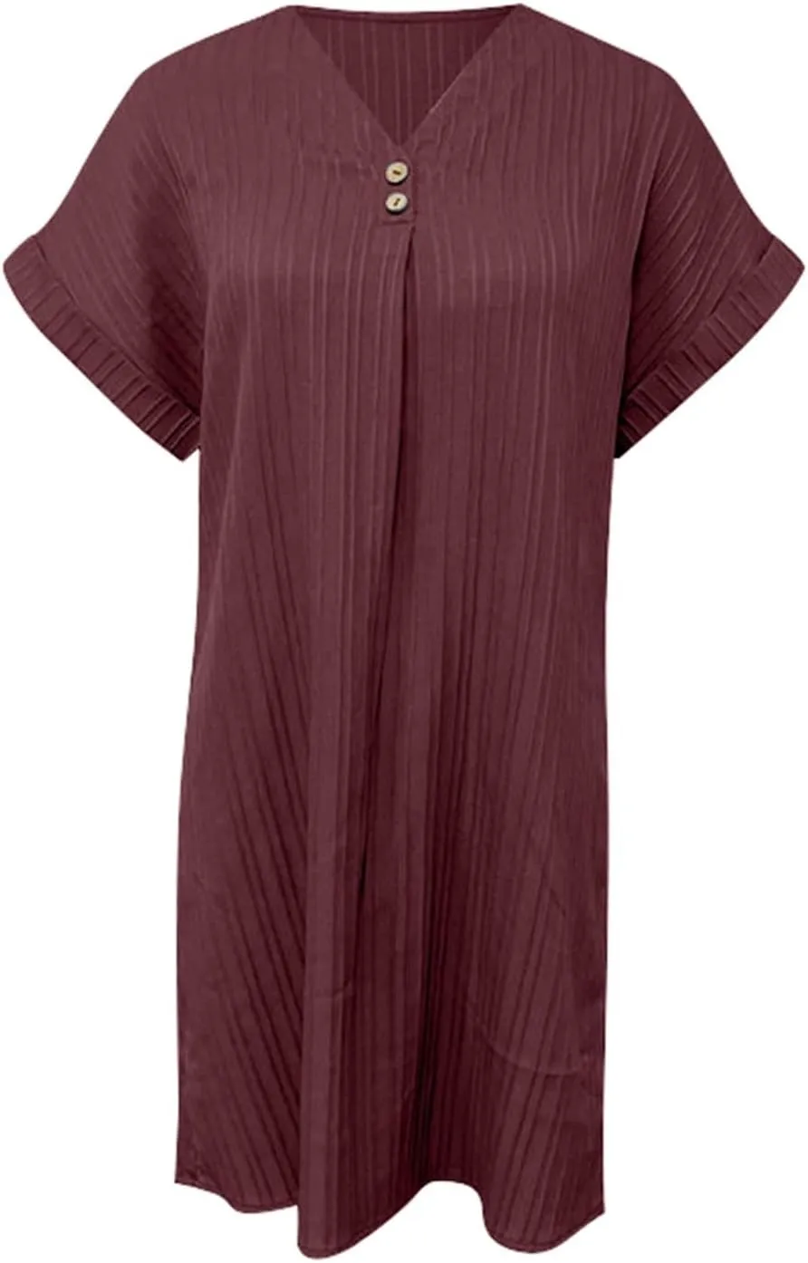Spring Dresses for Women, Womens Cotton Shirt Dress Summer Casual Short Sleeve Button Down Beach Cover Up Shirts with Pockets