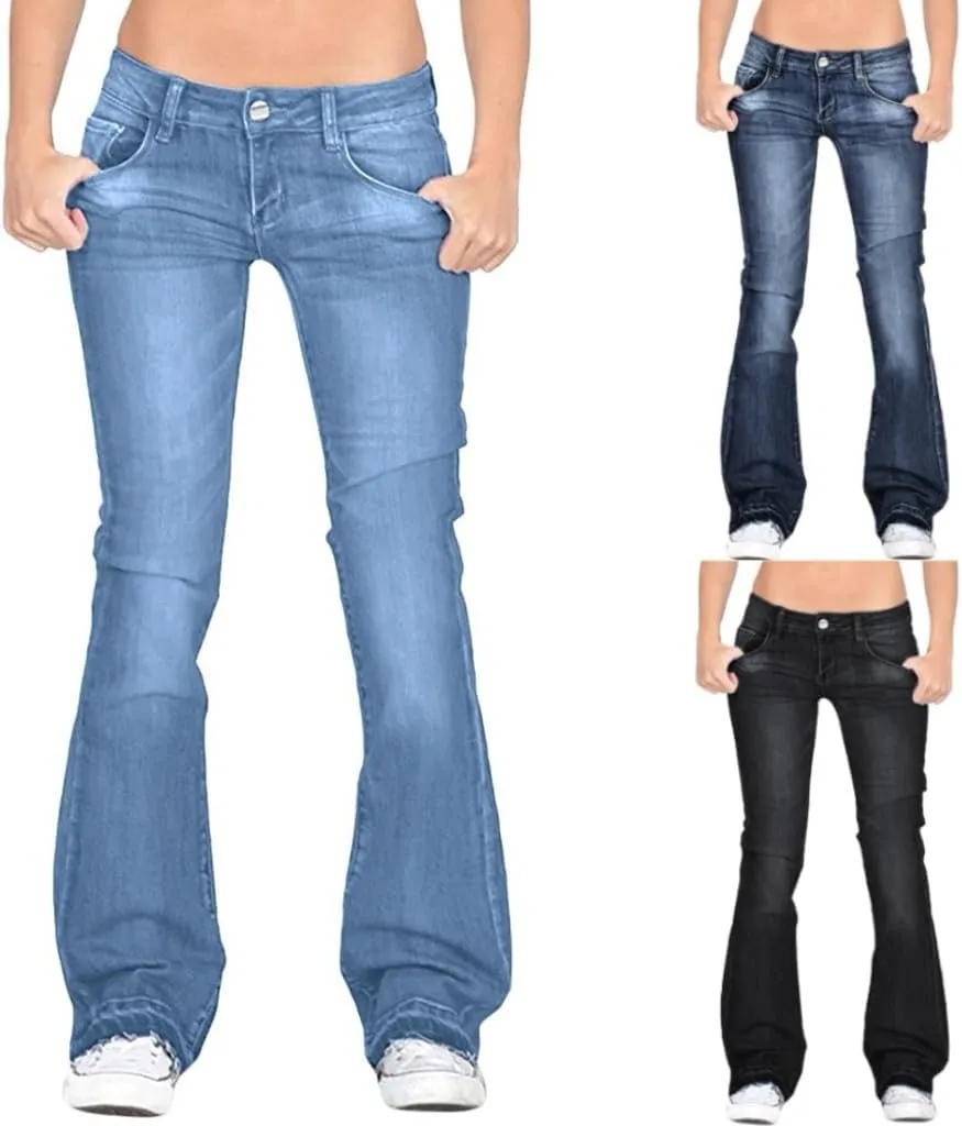 Stretchy Bell Bottoms Jeans for Women Classic High Waisted Destroyed Raw Hem Bootcut Flared Denim Pants Plus Size