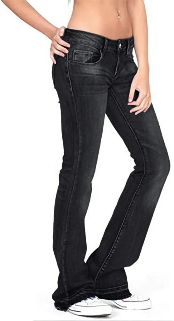 Stretchy Bell Bottoms Jeans for Women Classic High Waisted Destroyed Raw Hem Bootcut Flared Denim Pants Plus Size
