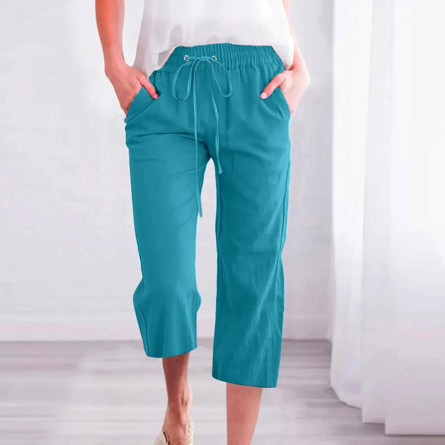 Summer Cotton Linen Capri Pants for Women Drawstring Elastic Waist Straight Wide Leg Side Botton Cropped Trousers
