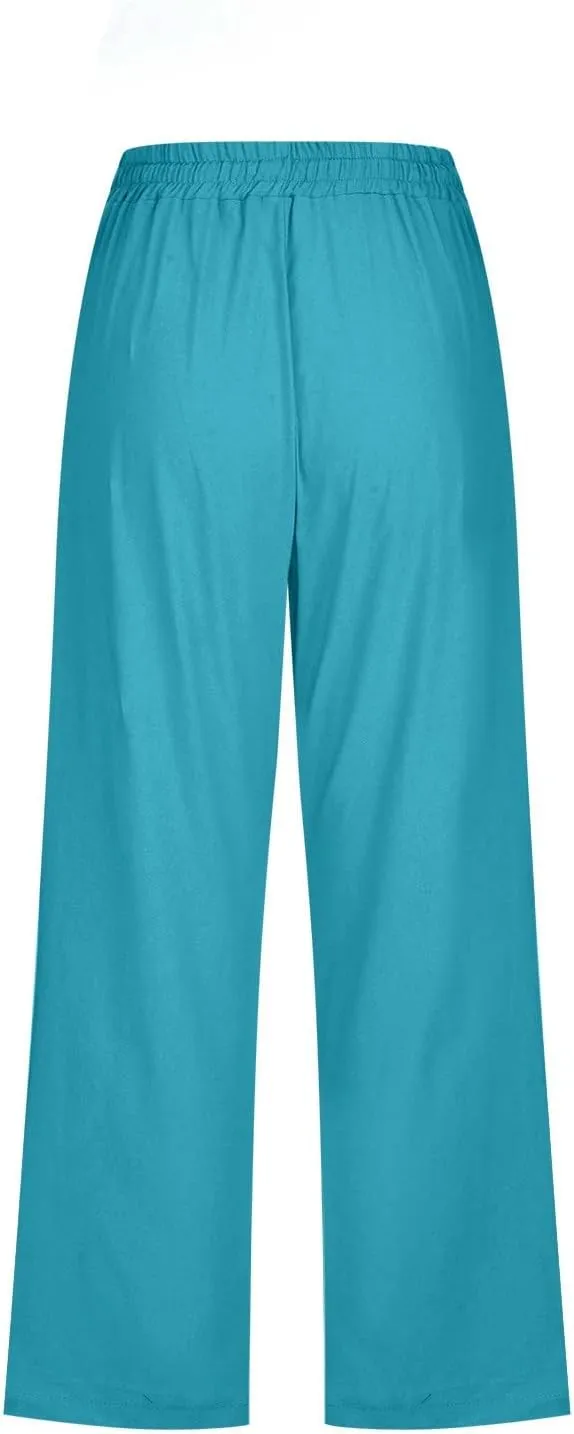 Summer Cotton Linen Capri Pants for Women Drawstring Elastic Waist Straight Wide Leg Side Botton Cropped Trousers