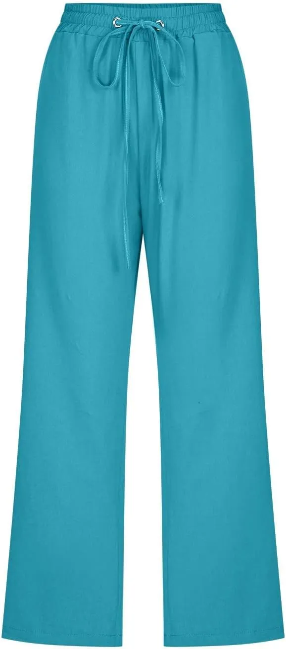 Summer Cotton Linen Capri Pants for Women Drawstring Elastic Waist Straight Wide Leg Side Botton Cropped Trousers