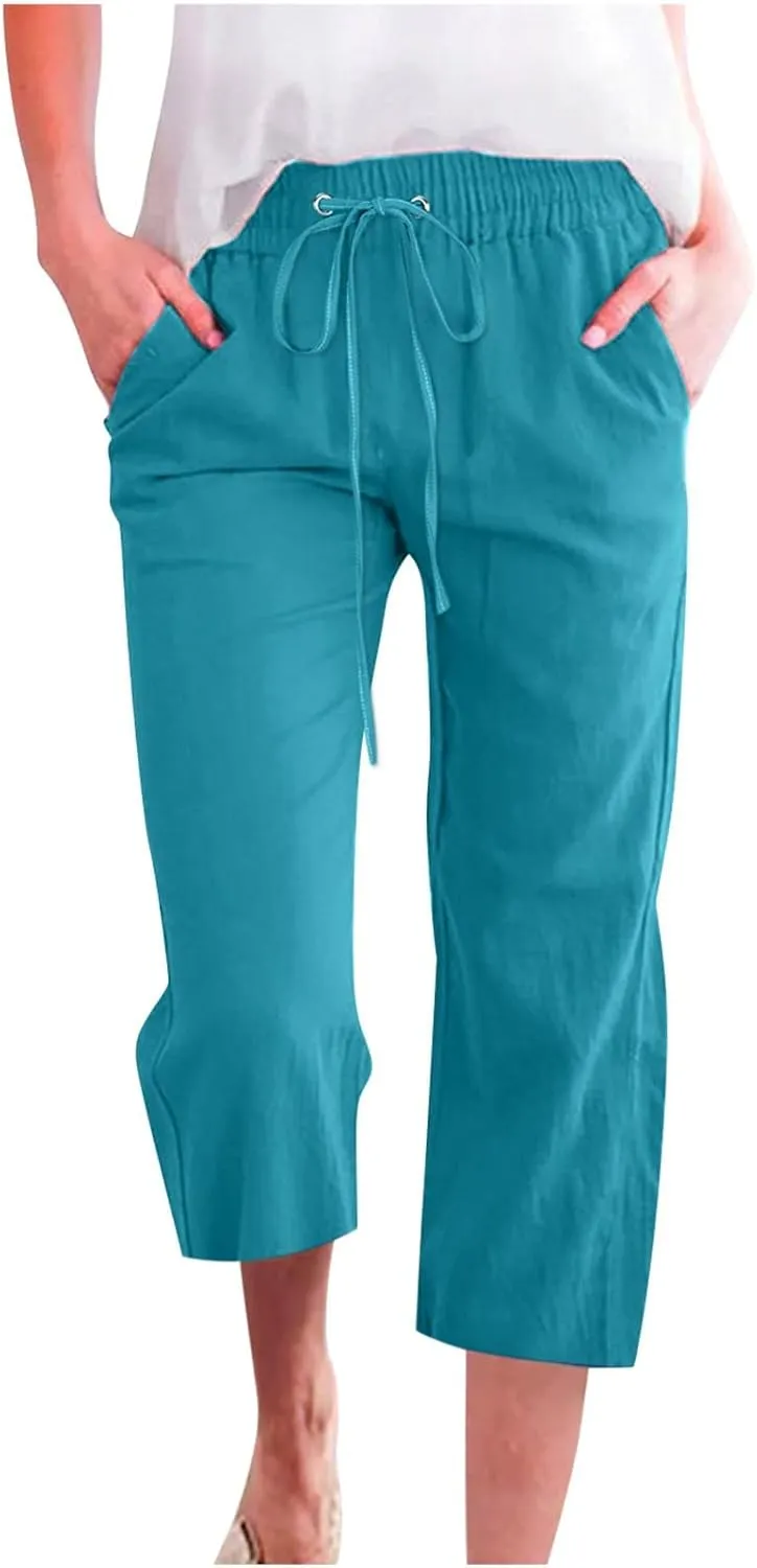 Summer Cotton Linen Capri Pants for Women Drawstring Elastic Waist Straight Wide Leg Side Botton Cropped Trousers