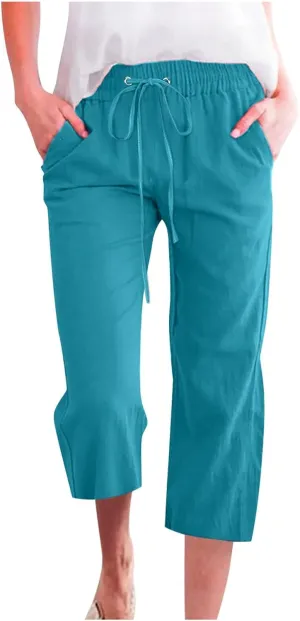 Summer Cotton Linen Capri Pants for Women Drawstring Elastic Waist Straight Wide Leg Side Botton Cropped Trousers