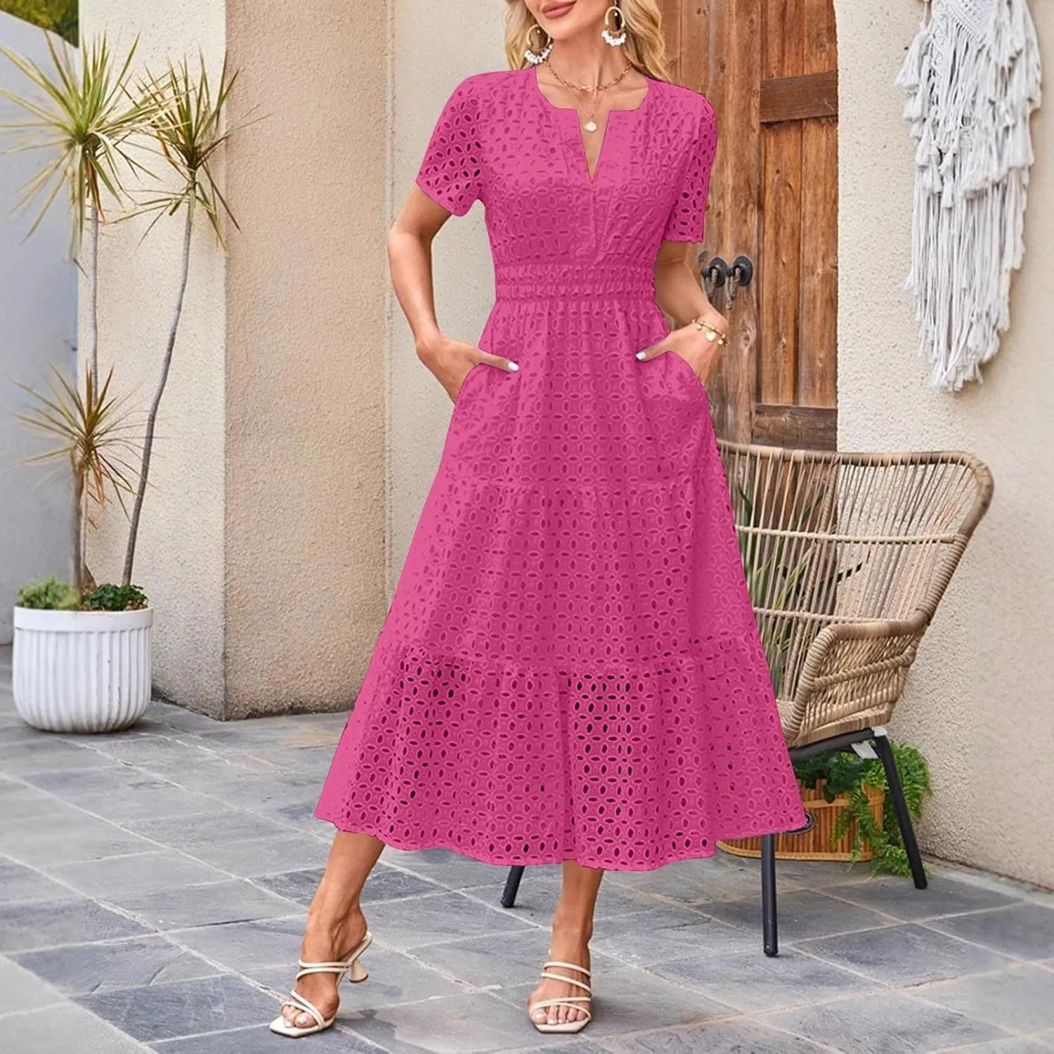 Summer Dresses for Women 2025 Short Sleeve Eyelet Cover Ups Long Dress Boho Dressy Casual Maxi Dresses with Pockets