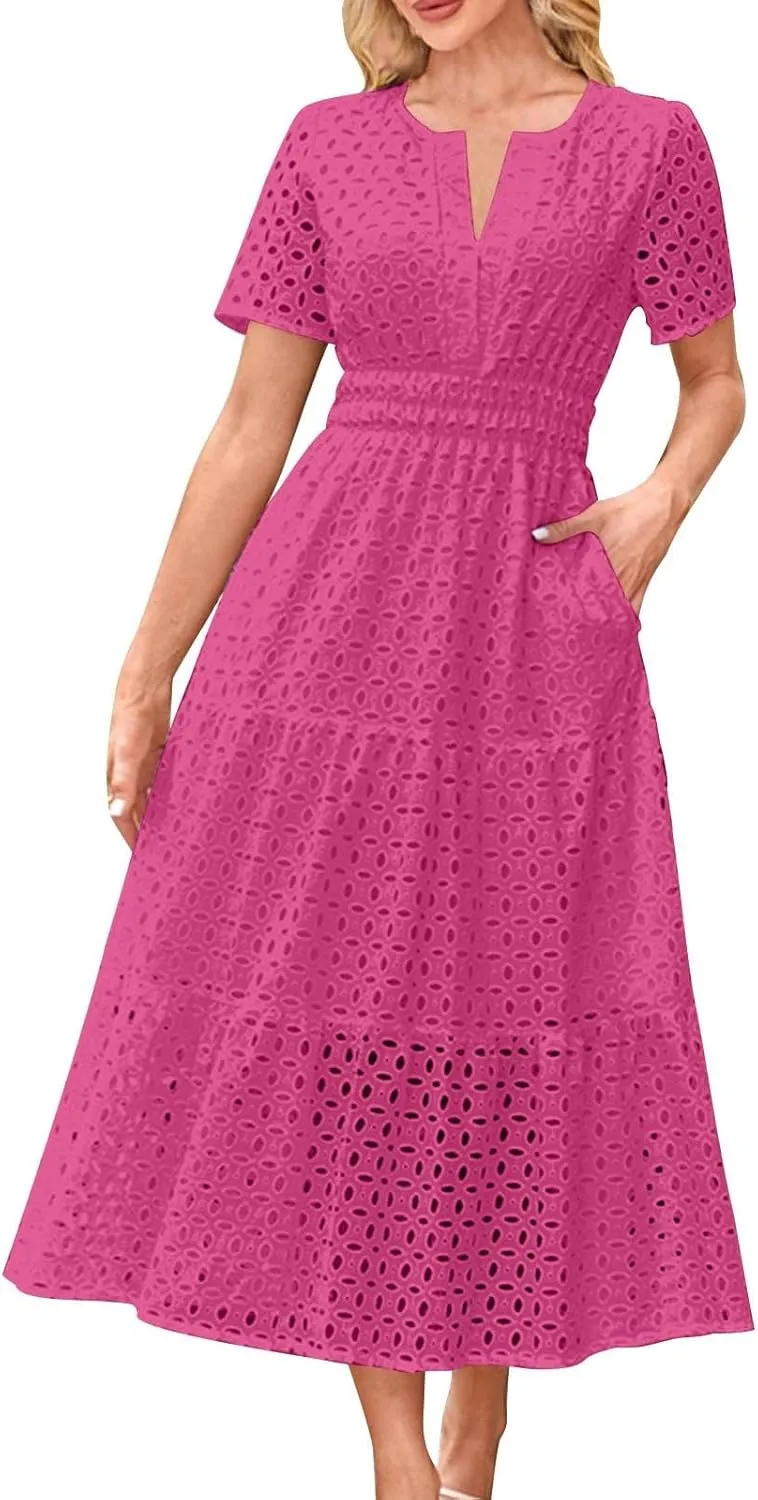 Summer Dresses for Women 2025 Short Sleeve Eyelet Cover Ups Long Dress Boho Dressy Casual Maxi Dresses with Pockets