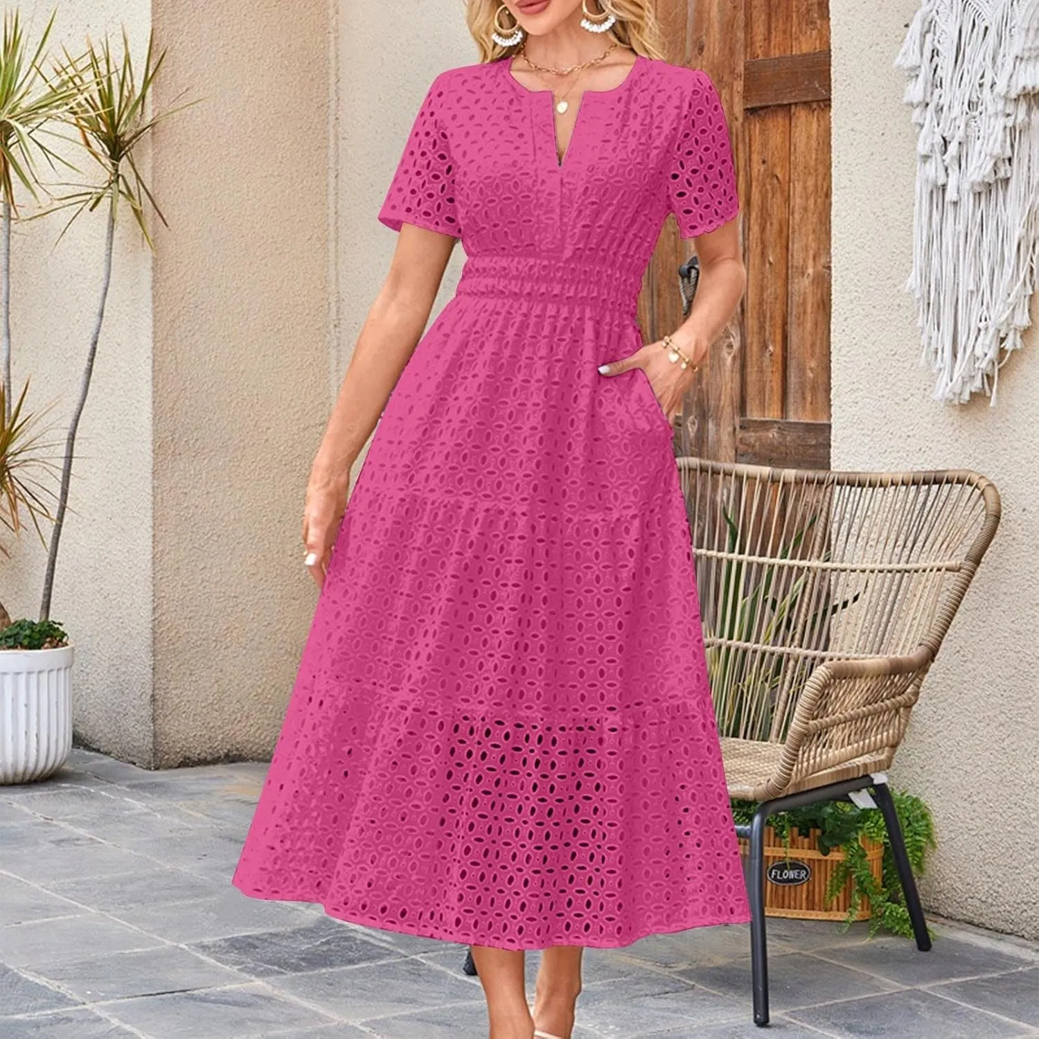 Summer Dresses for Women 2025 Short Sleeve Eyelet Cover Ups Long Dress Boho Dressy Casual Maxi Dresses with Pockets