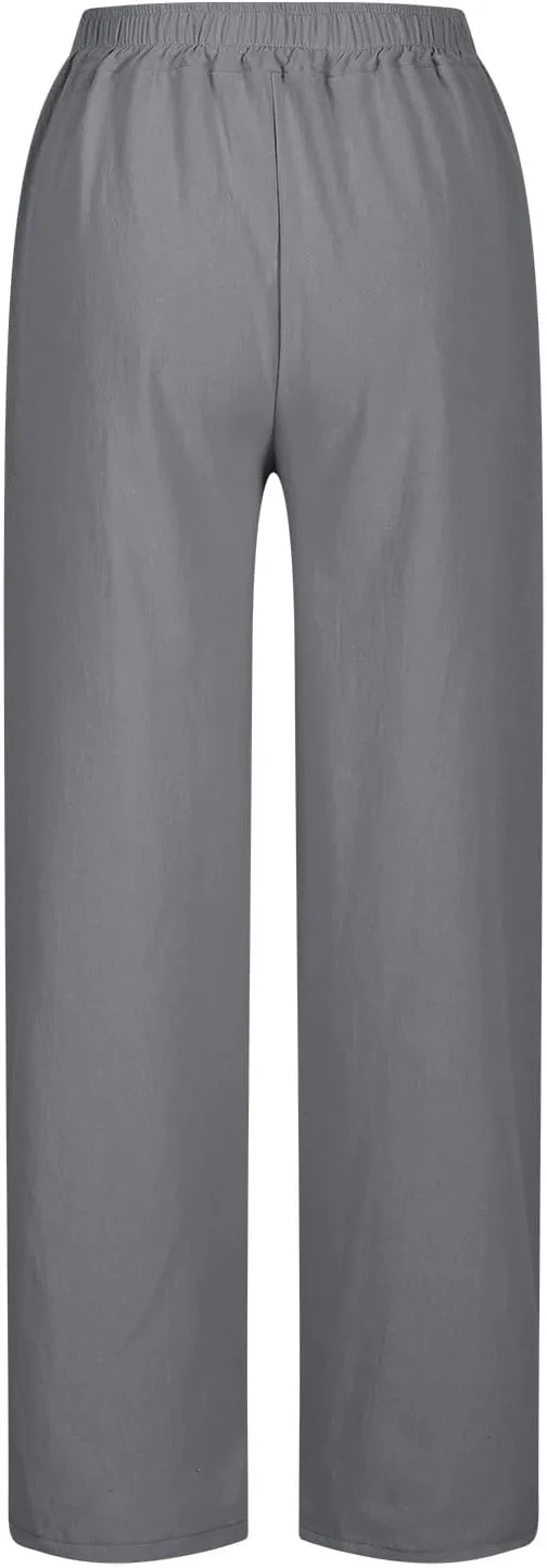 Summer Linen Pants Women High Waist Elastic Straight Wide Leg Lounge Pant Casual Loose Lightweight Beach Trousers