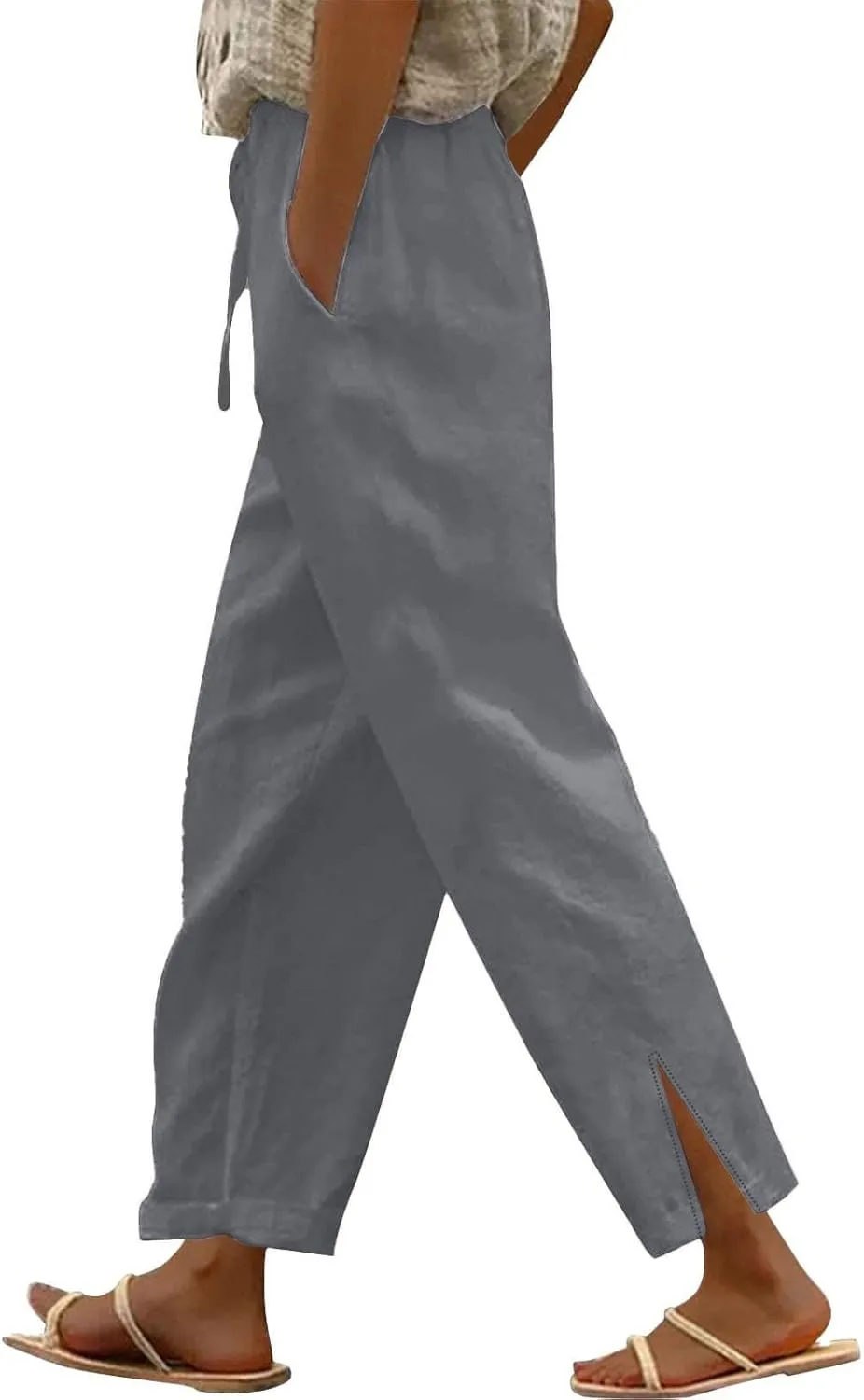 Summer Linen Pants Women High Waist Elastic Straight Wide Leg Lounge Pant Casual Loose Lightweight Beach Trousers