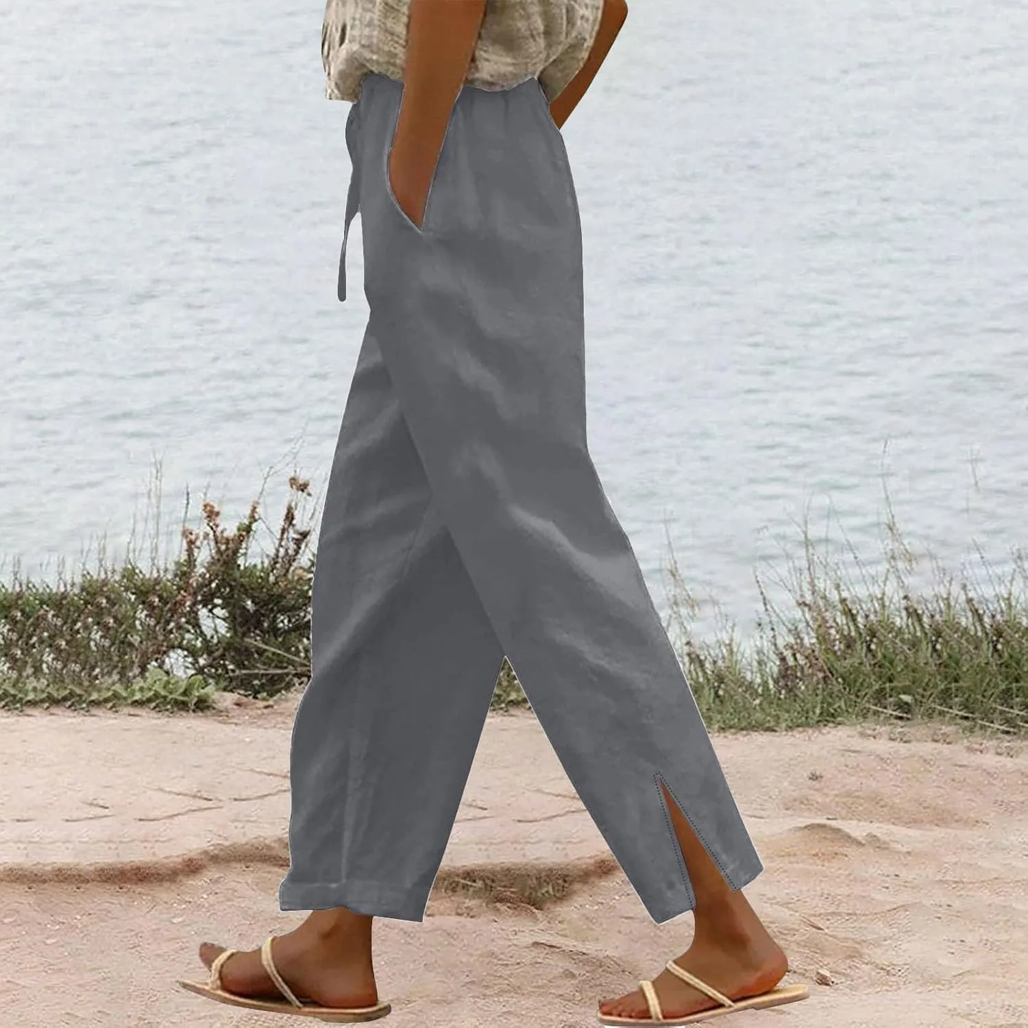 Summer Linen Pants Women High Waist Elastic Straight Wide Leg Lounge Pant Casual Loose Lightweight Beach Trousers