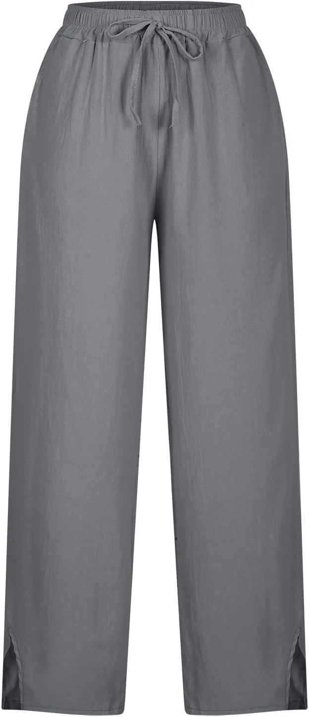 Summer Linen Pants Women High Waist Elastic Straight Wide Leg Lounge Pant Casual Loose Lightweight Beach Trousers