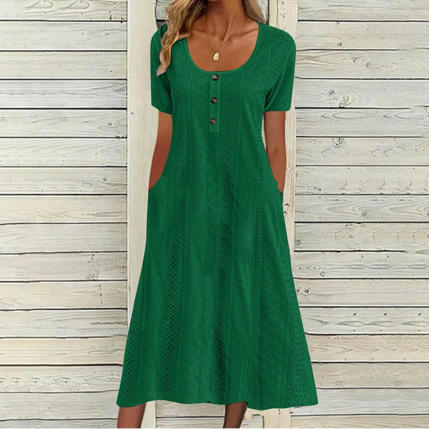 Summer Midi Dresses for Women Boho Short Sleeve Eyelet Cover Up Dress Casual Flowy Swing Beach Sundress with Pockets
