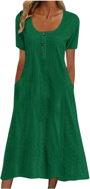 Summer Midi Dresses for Women Boho Short Sleeve Eyelet Cover Up Dress Casual Flowy Swing Beach Sundress with Pockets
