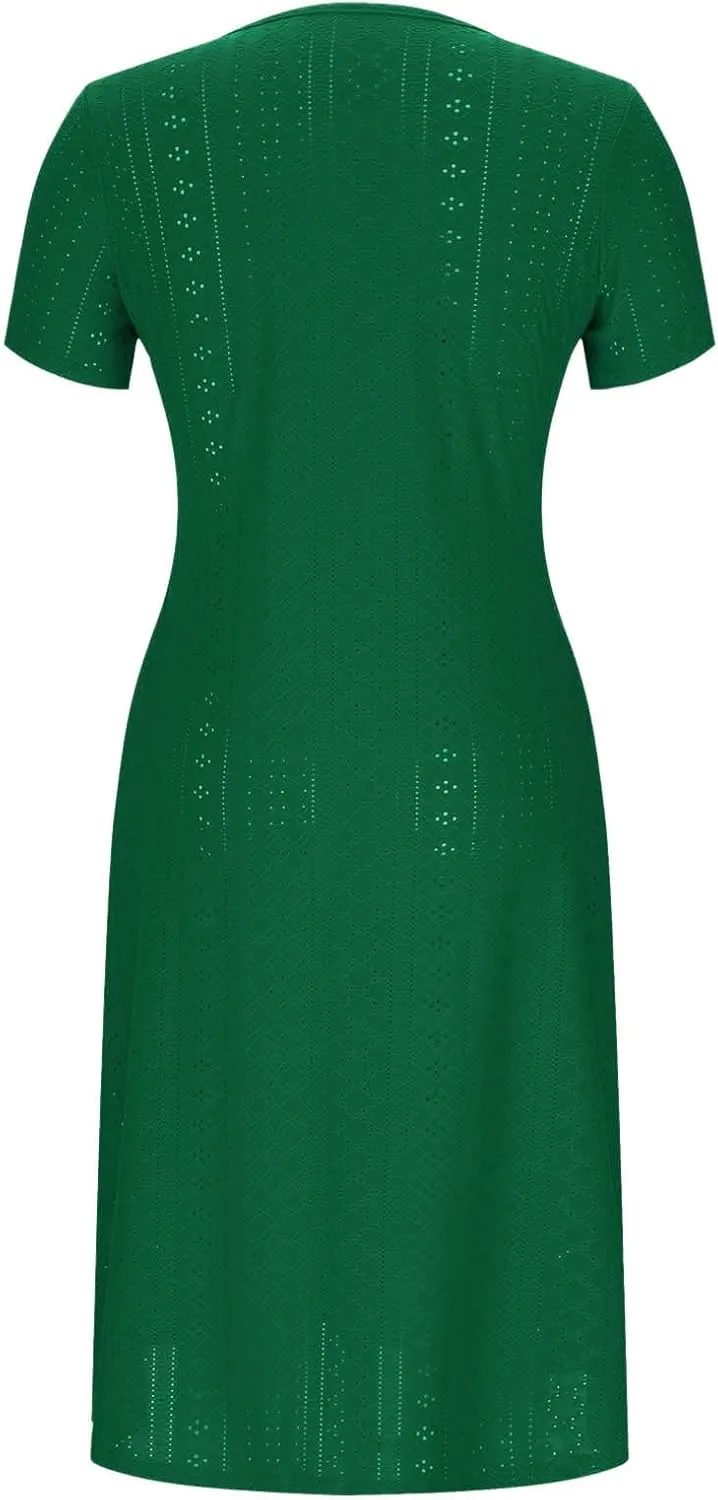 Summer Midi Dresses for Women Boho Short Sleeve Eyelet Cover Up Dress Casual Flowy Swing Beach Sundress with Pockets