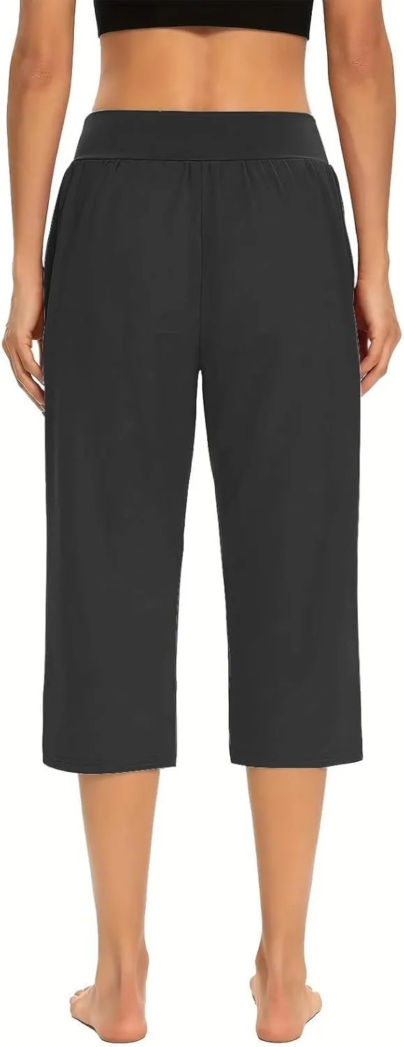 Summer Pants Women, with Pockets High Waist Capri Pants Wide Leg Tummy