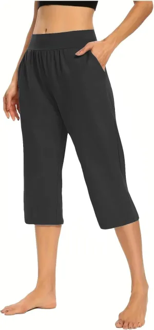 Summer Pants Women, with Pockets High Waist Capri Pants Wide Leg Tummy