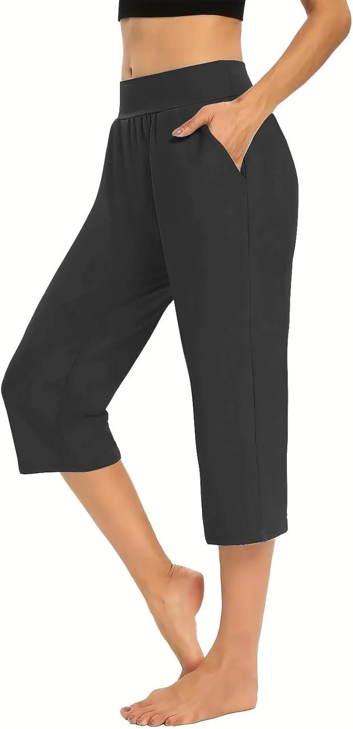 Summer Pants Women, with Pockets High Waist Capri Pants Wide Leg Tummy