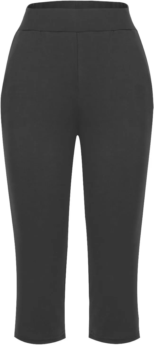 Summer Pants Women, with Pockets High Waist Capri Pants Wide Leg Tummy