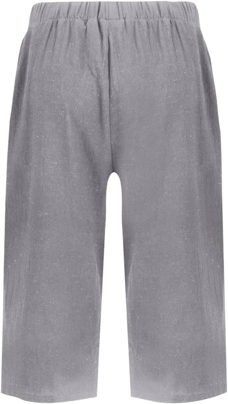 Summer Shorts for Women Elastic High Waisted Linen Pedal Pushers with Pockets Business Casual Cropped Work Pants