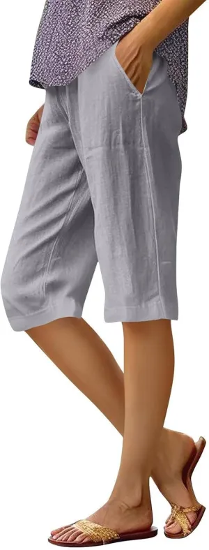 Summer Shorts for Women Elastic High Waisted Linen Pedal Pushers with Pockets Business Casual Cropped Work Pants