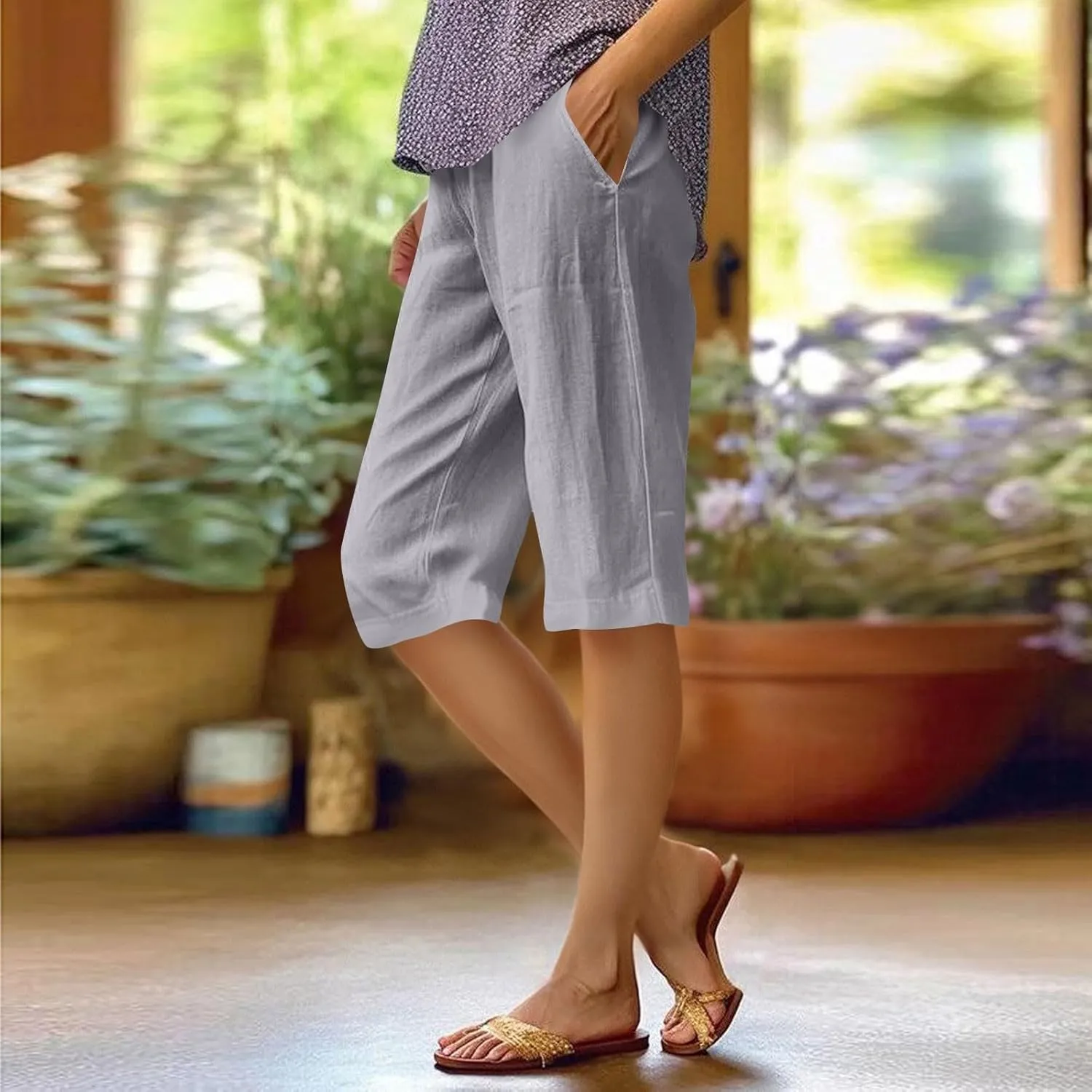 Summer Shorts for Women Elastic High Waisted Linen Pedal Pushers with Pockets Business Casual Cropped Work Pants