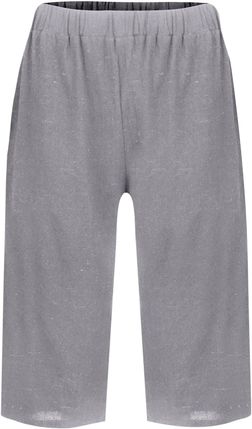Summer Shorts for Women Elastic High Waisted Linen Pedal Pushers with Pockets Business Casual Cropped Work Pants