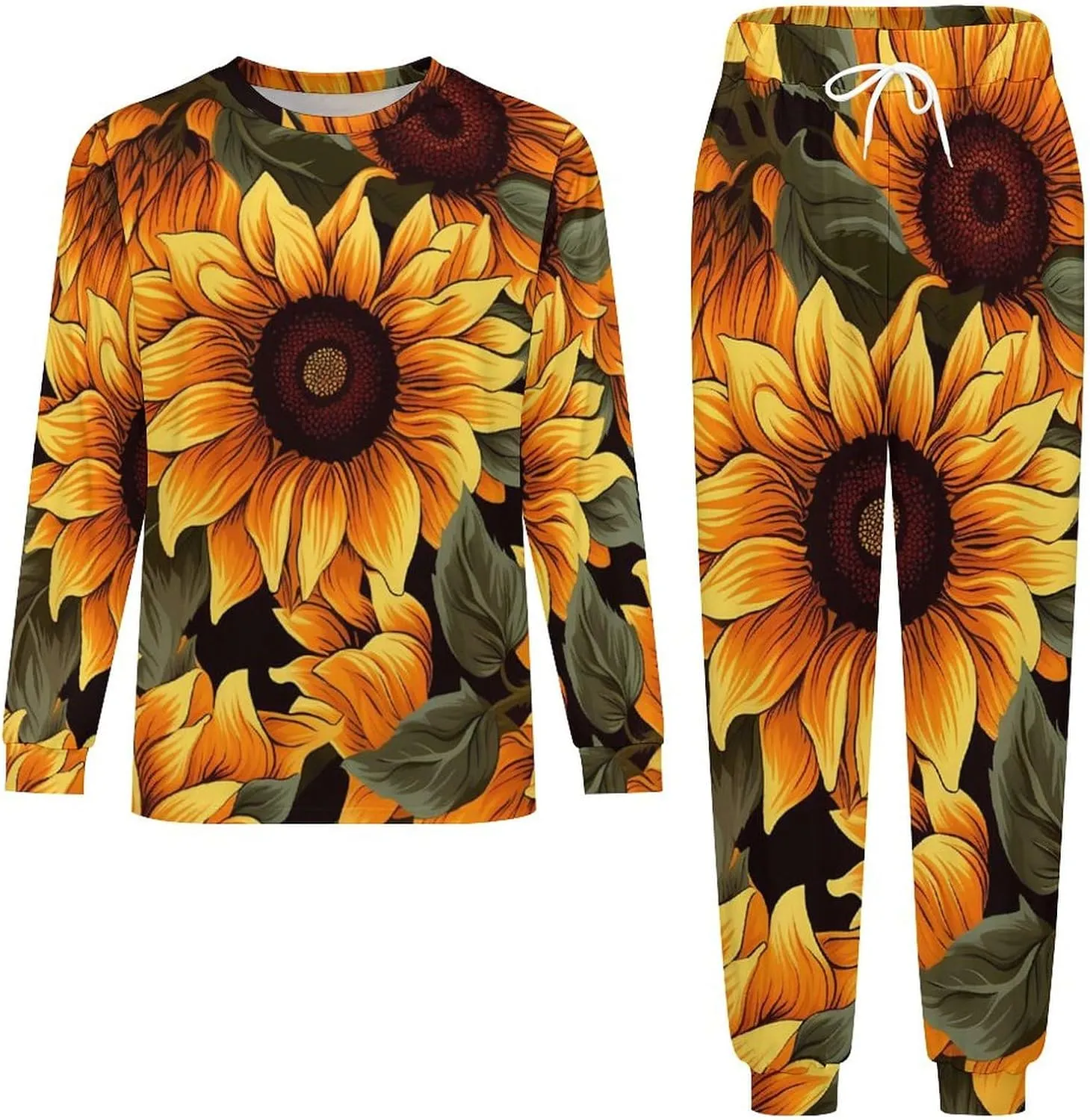 Sunflower Florals Men's Pajamas Sets Round Neck Long Sleeve Shirts And Bottoms 2 Piece Pjs Loungewear