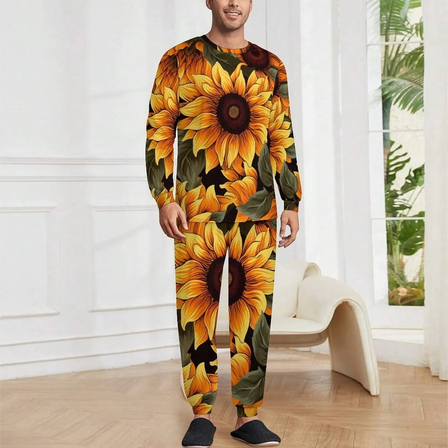 Sunflower Florals Men's Pajamas Sets Round Neck Long Sleeve Shirts And Bottoms 2 Piece Pjs Loungewear