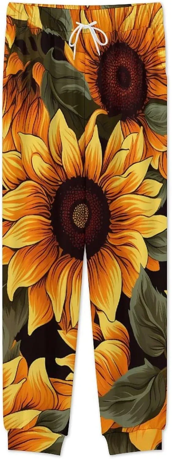 Sunflower Florals Men's Pajamas Sets Round Neck Long Sleeve Shirts And Bottoms 2 Piece Pjs Loungewear