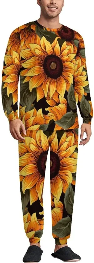 Sunflower Florals Men's Pajamas Sets Round Neck Long Sleeve Shirts And Bottoms 2 Piece Pjs Loungewear