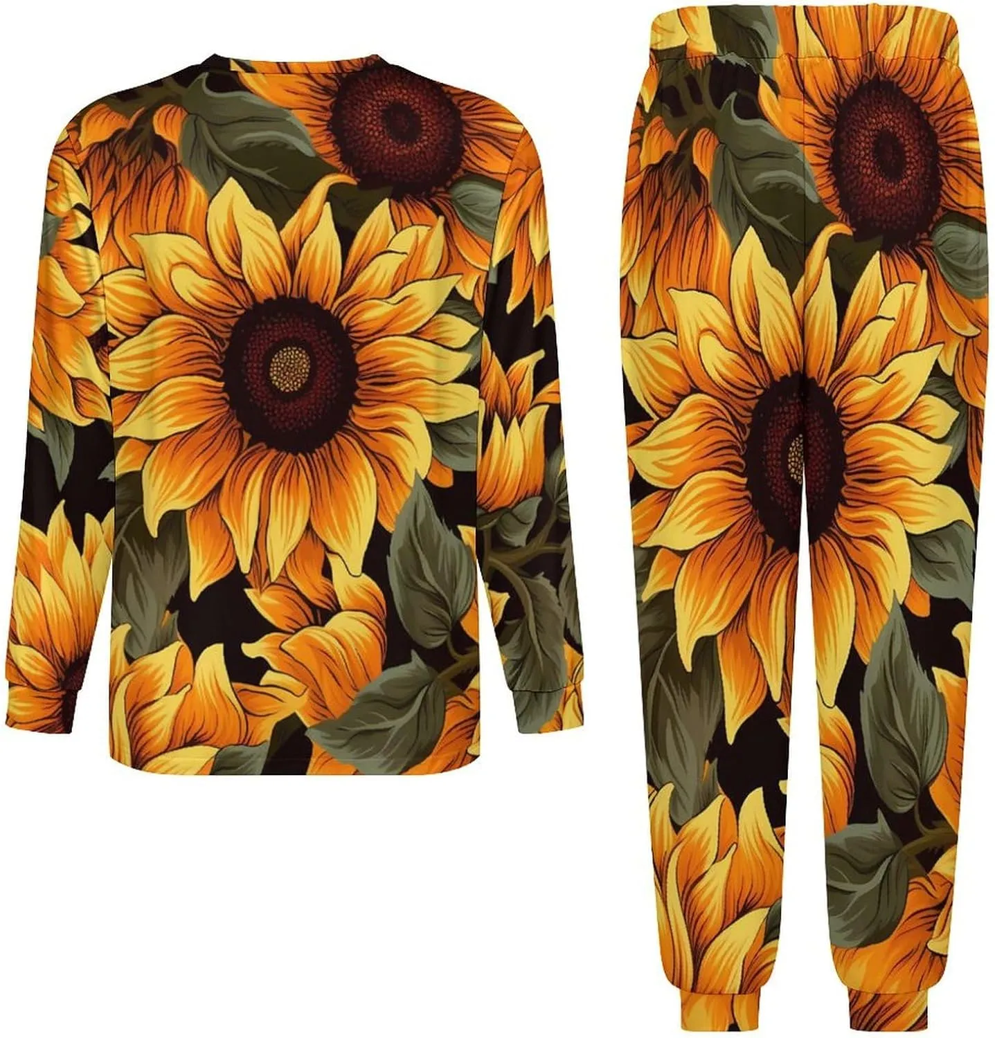 Sunflower Florals Men's Pajamas Sets Round Neck Long Sleeve Shirts And Bottoms 2 Piece Pjs Loungewear