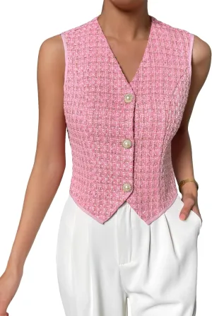 SweatyRocks Women's Elegant Plaid Print Sleeveless V Neck Button Down Blazer Vest Jacket