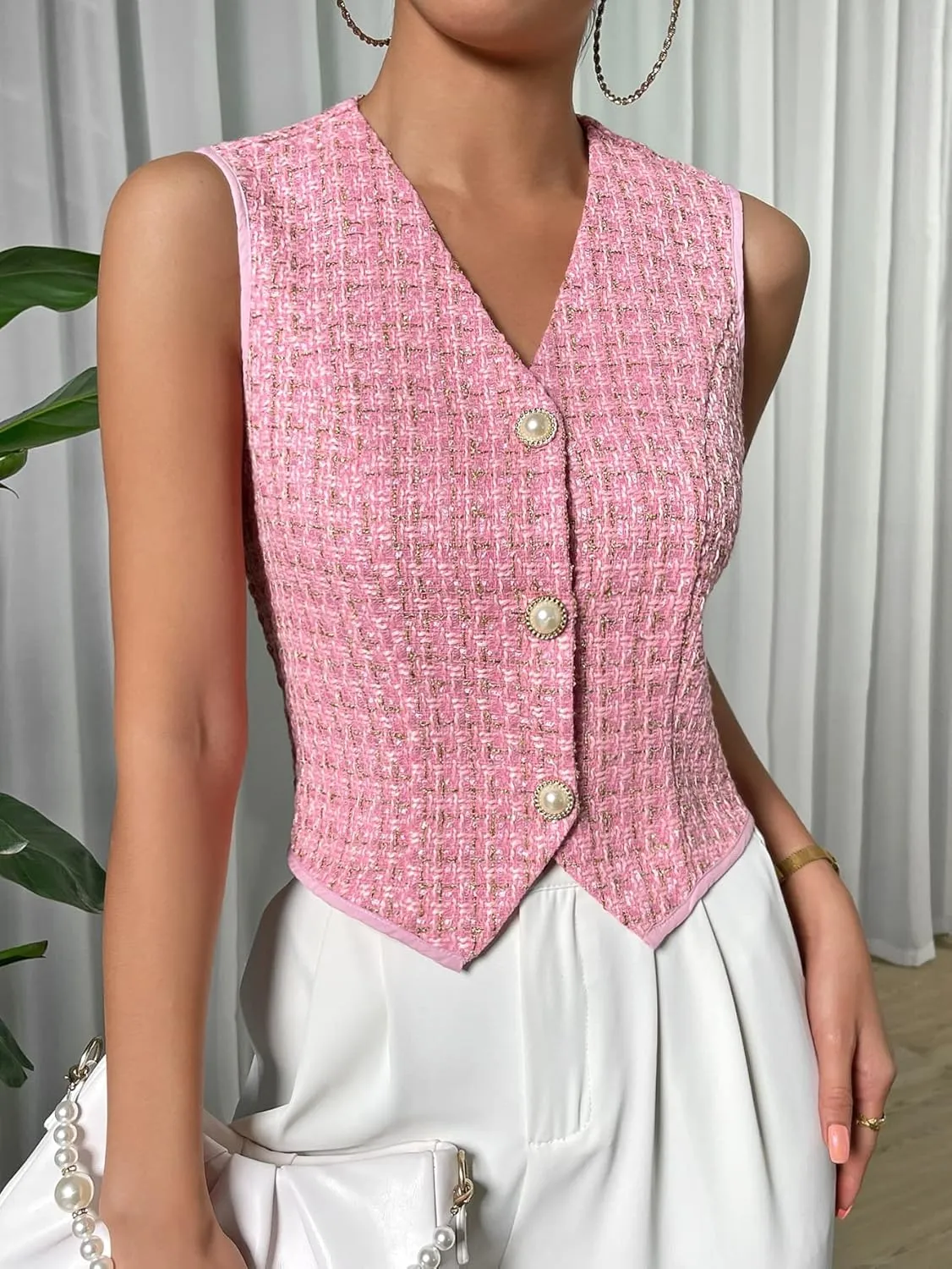 SweatyRocks Women's Elegant Plaid Print Sleeveless V Neck Button Down Blazer Vest Jacket
