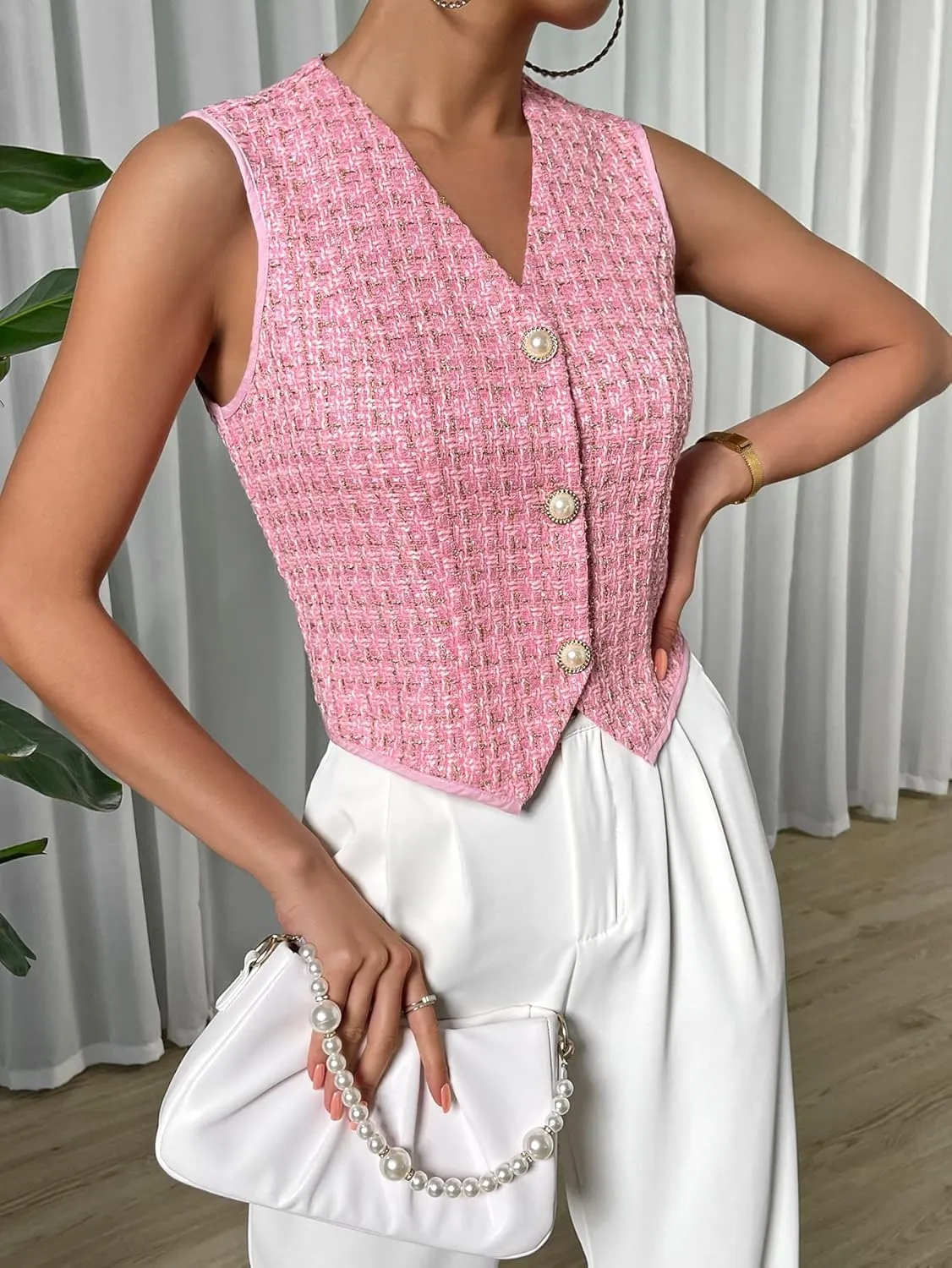 SweatyRocks Women's Elegant Plaid Print Sleeveless V Neck Button Down Blazer Vest Jacket