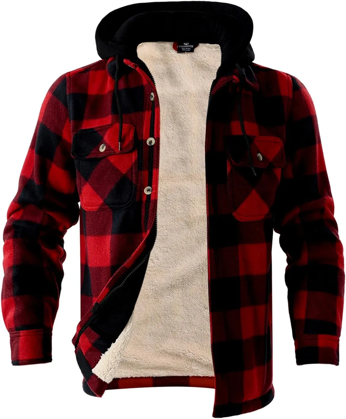 TanBridge Men's Cotton Plaid Shirts Jacket Full Zip Fleece Flannel Sherpa Lined Hoodies Heavyweight Hoodies Jacket for Men